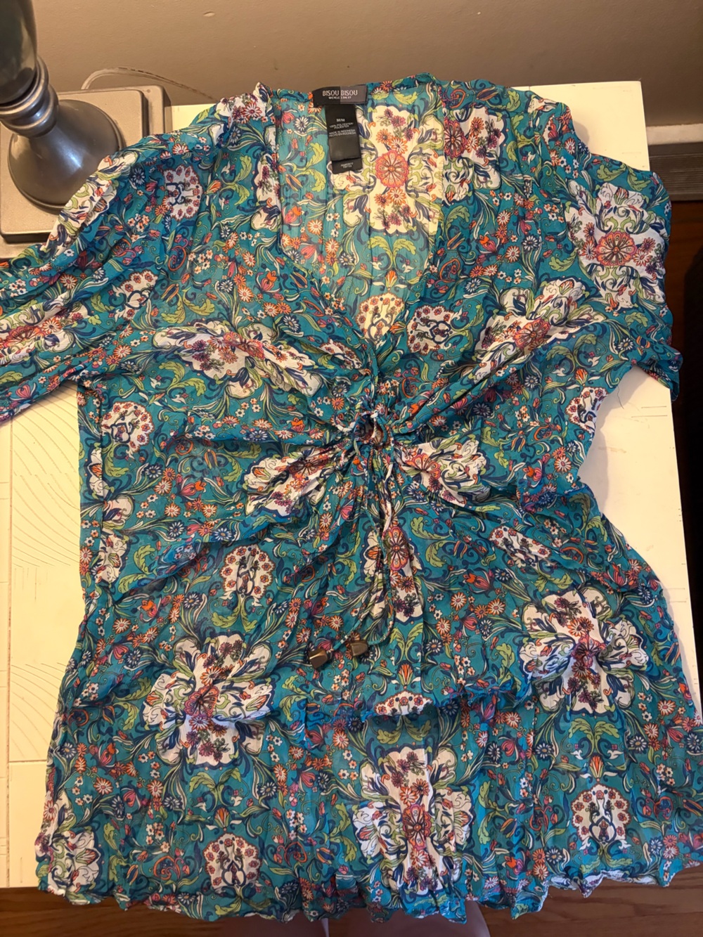 Angie Teal Floral Tie-Front Tunic